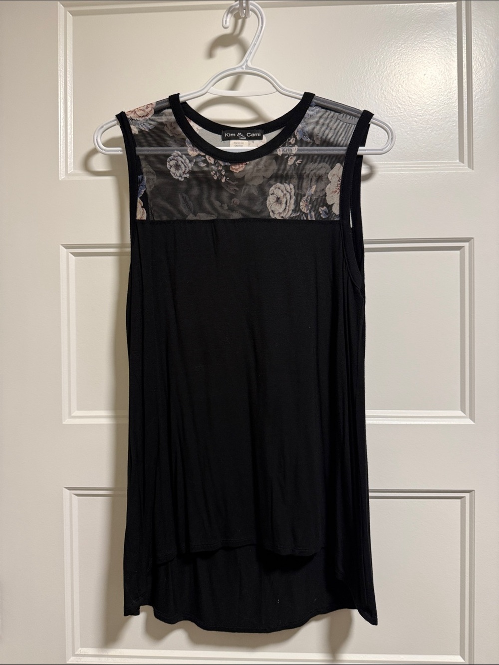 Kim & Cami Black Tank with Floral Mesh Yoke